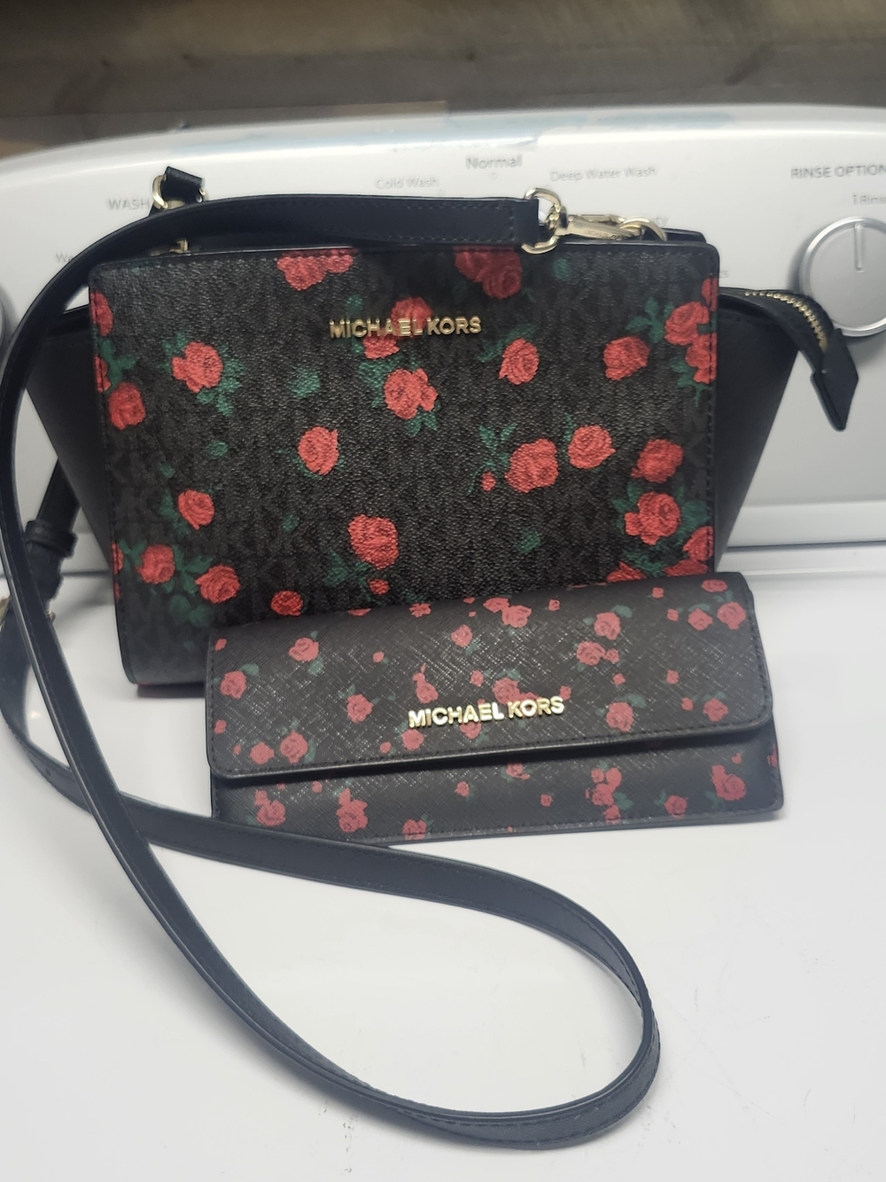 Michael Kors Black Crossbody Bag and Wallet with Red Rose Print Just Like New.
